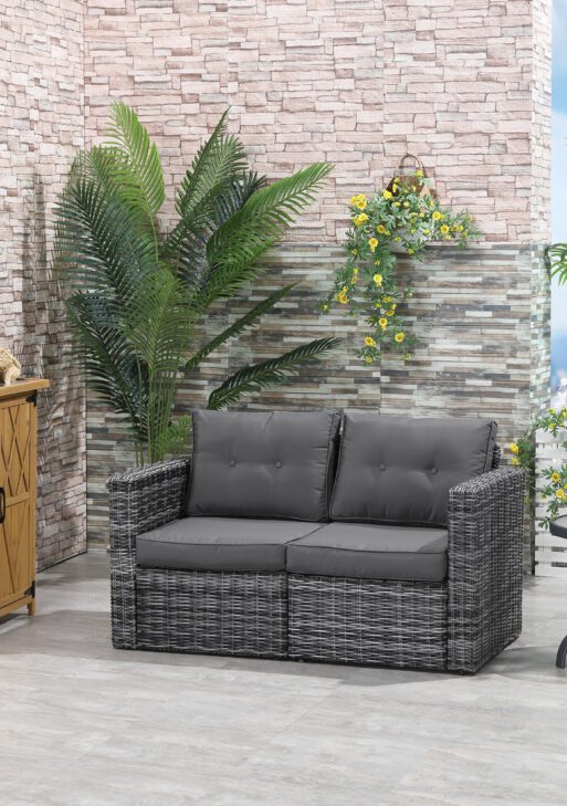 2 Piece Patio Wicker Corner Sofa Set, Outdoor PE Rattan Furniture, with Curved Armrests and Padded Cushions for Balcony, Garden, or Lawn, Gray