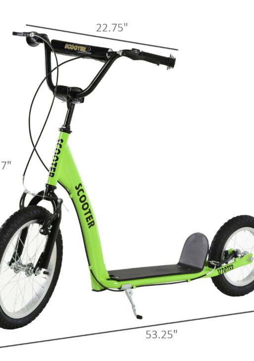 Youth Scooter Kick Scooter for Kids 5+ with Adjustable Handlebar 16" Front and 12" Rear Dual Brakes Inflatable Wheels, Green