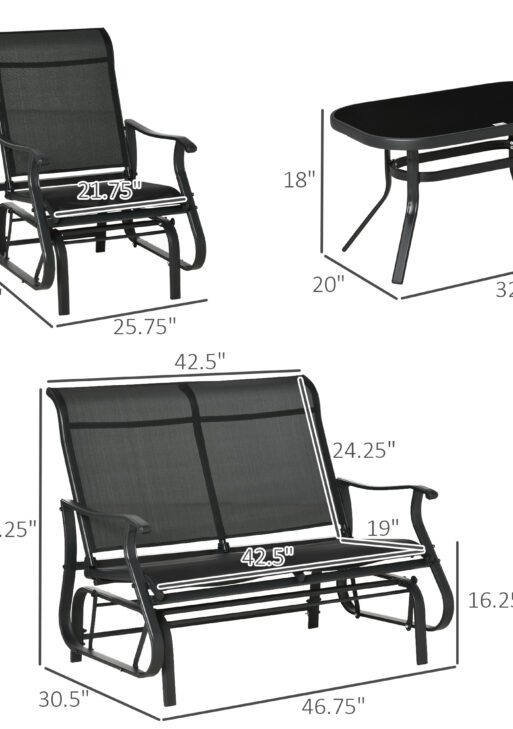 4 Pieces Gliders Set, Outdoor Furniture Sets with 2-Person Glider Patio Bench, Single Sling Chair and Glass Coffee Table for Backyard, Lawn and Garden, Black