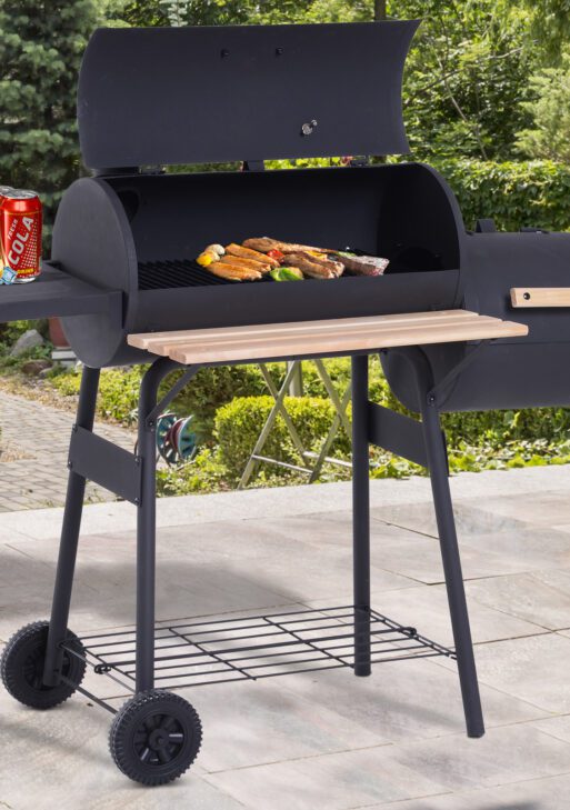 Charcoal BBQ, Portable Grill with Wheels, All-in-One Grill, Side vent, Two Shelves and Metal Grating, Lit-Mounted Thermometer, Wooden Handle, for Outdoor Cooking, Black