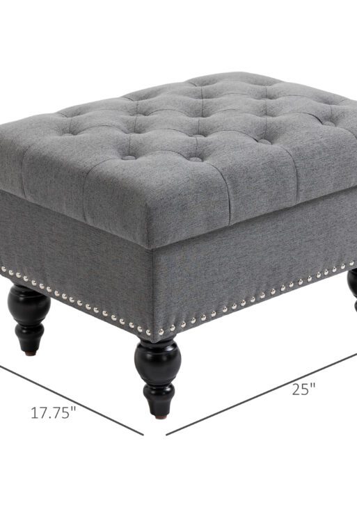 Ottoman with Storage for Living Room, 25" Storage Ottoman with Removable Lid, Button-Tufted Fabric Bench for Footrest and Seat with Wood Legs, Gray