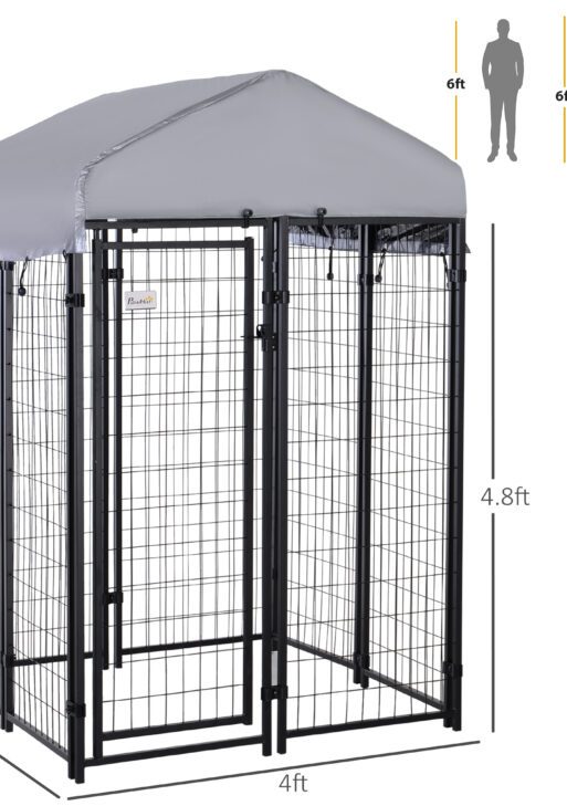 Outdoor Dog Kennel with Roof, 4' x 4' x 6' Heavy Duty Welded Wire Dog Playpen Enclosure with Escape-proof Lock, UV-Resistant & Waterproof Cover, for Medium Dogs, Chickens, Ducks, Silver