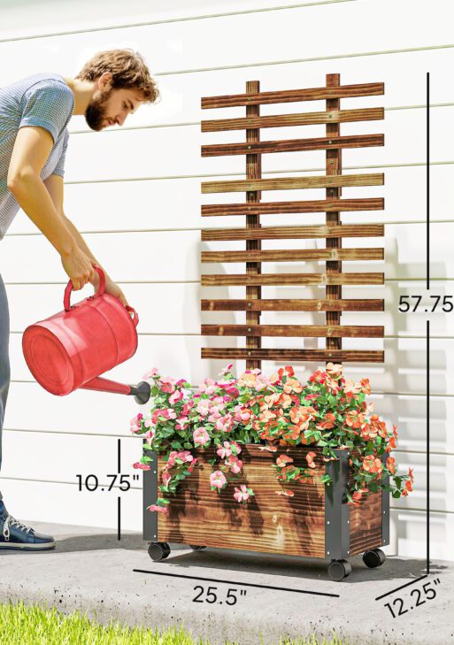 Wooden Raised Garden Bed, Planter Box w/ Trellis and Metal Corners, Portable on Wheels for Patio, Backyard, Deck, Brown