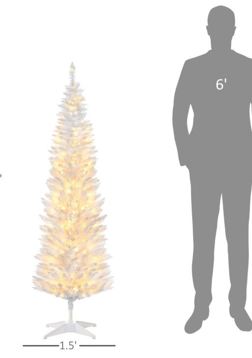 5ft Pencil Christmas Tree, Slim Artificial Christmas Tree with Realistic Branches and Warm White LED Lights, White
