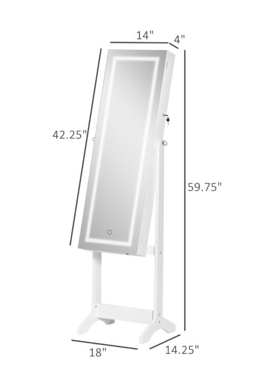 60" Full-Length Mirror Jewelry Storage Armoire w/ Lockable Door & Key, White