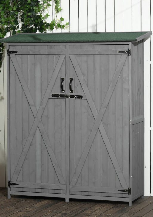 Outdoor Storage Cabinet Wooden Garden Shed Utility Tool Organizer with Waterproof Asphalt Rood, Lockable Doors, 3 Tier Shelves for Lawn, Backyard, Gray