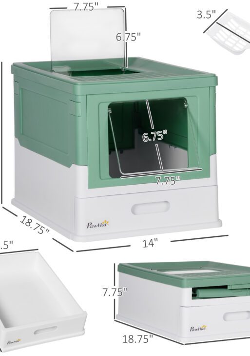 Fully Enclosed Cat Litter Box with Front Entry and Top Exit, Plastic, Green & White