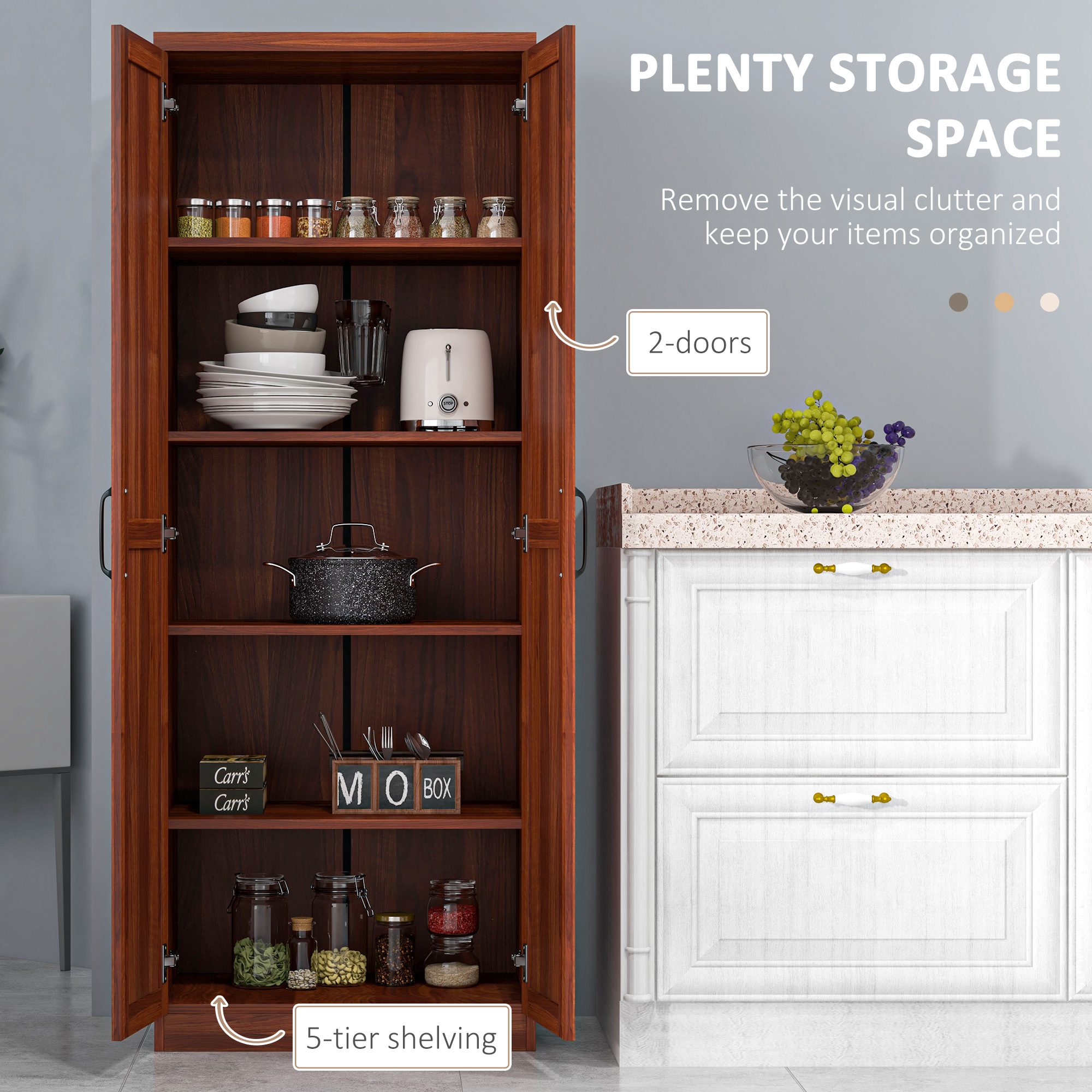 63" Kitchen Pantry Storage Cabinet with Doors and Shelves, Tall Kitchen Cabinet with 2 Doors and 5-tier Shelving - Image 2