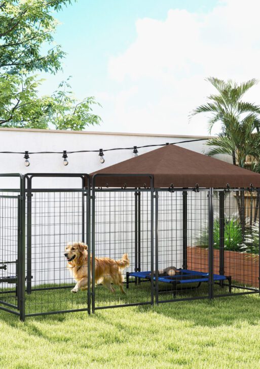 Dog Kennel Outdoor with Waterproof Canopy, Dog Run with Galvanized Chain Link, Secure Lock, for Backyard and Patio, Large and Medium Sized Breeds, Chickens, Ducks, 9.3' x 4.6' x 5.2'
