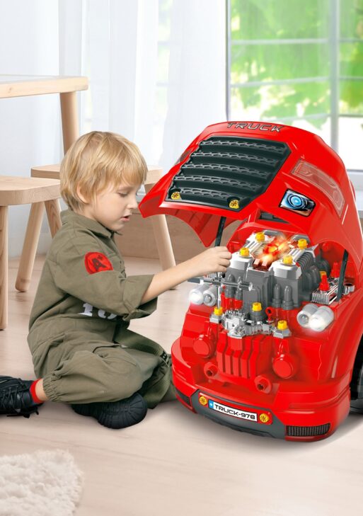 Mechanic Kids Truck Engine Toy Set, Car Service Play Set, Red