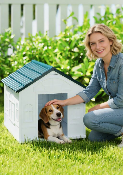 Plastic Dog House for Medium and Small Dogs, Water Resistant Puppy Shelter Indoor Outdoor with Door, Easy to Assemble, Blue