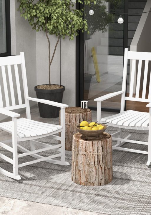 Wooden Rocking Chair Set, Curved Armrests, High Back, Slatted Seat Outdoor Rocker Set, White