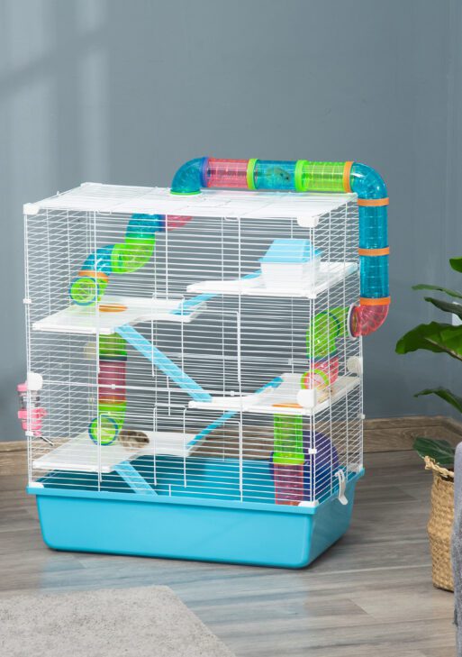 Extra Large 23" Hamster Cage with Tubes and Tunnels, Portable Carry Handles, Rat House and Habitats Big 5-Tier Design, Mouse Cage Includes Exercise Wheel, Water Bottle, Food Dish, Light Blue