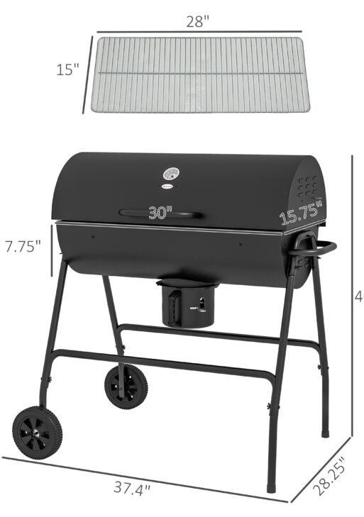 Barrel Charcoal BBQ Grill, Barbecue with 420 sq.in. Cooking Area, Wheels, Ash Catcher, Black
