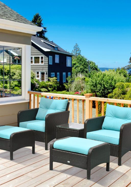 5 Pieces Rattan Wicker Lounge Chair Outdoor Patio Conversation Set with 2 Cushioned Chairs, 2 Ottomans and Tempered Glass Top Coffee Table, Brown/Blue