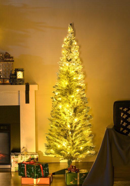 5ft Pencil Christmas Tree, Slim Artificial Christmas Tree with Realistic Branches and Warm White LED Lights, Green