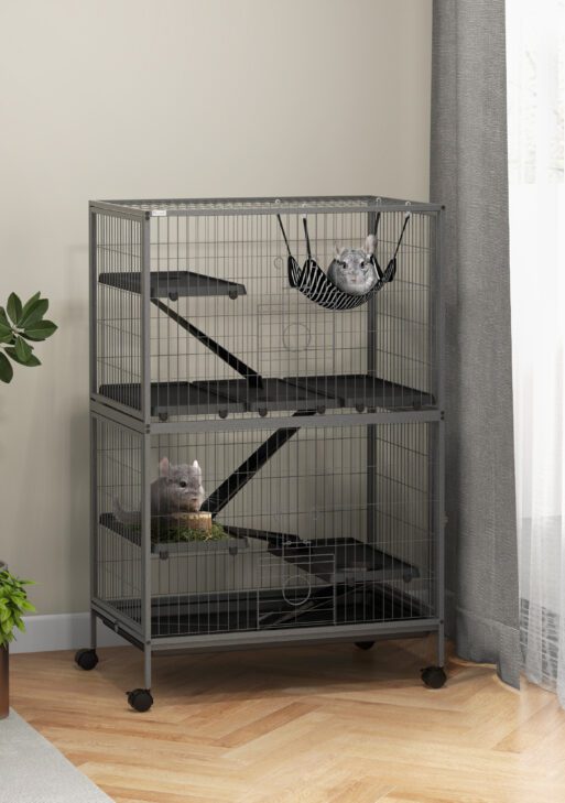 50" H Rolling Small Animal Cage with Hammock, Ferret Cage, Chinchilla Cage, Pet Habitat with 4 Doors, Removable Tray