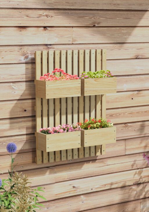 4 Box Raised Garden Bed w/ Trellis for Climbing Plants, Wall-Mounted Wood Planters w/ Drainage Holes, Natural