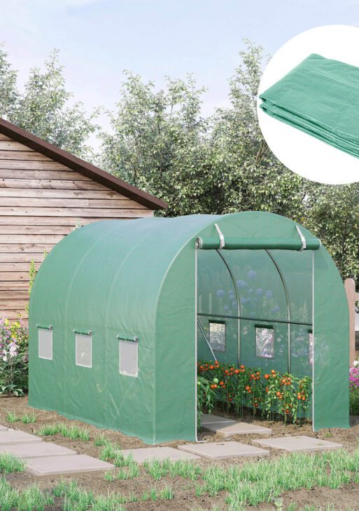 9.8' x 6.6' x 6.6' Plastic Greenhouse Cover Replacement, Heavy Duty Waterproof Tarp for Hoop House, Sheeting with 6 Windows, Door & Reinforcement Grid, Green