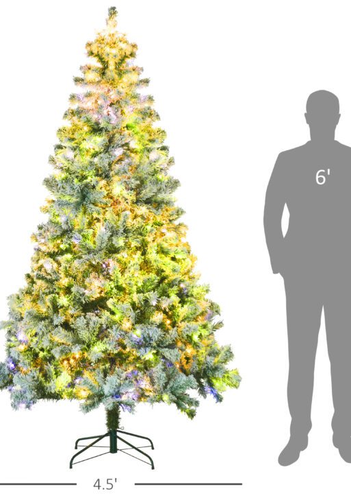 7.5' Artificial Snow Christmas Trees with Frosted Branches, Warm White or Colorful LED Lights, Steel Base