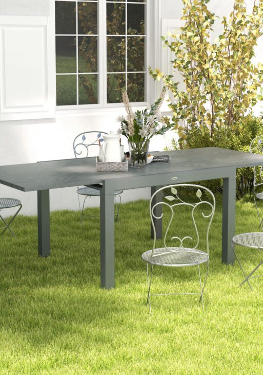 Patio Table for 6-8 People, Aluminum Frame Rectangle Garden Table with Wood Effect Steel Top, for Backyard, Dark Gray