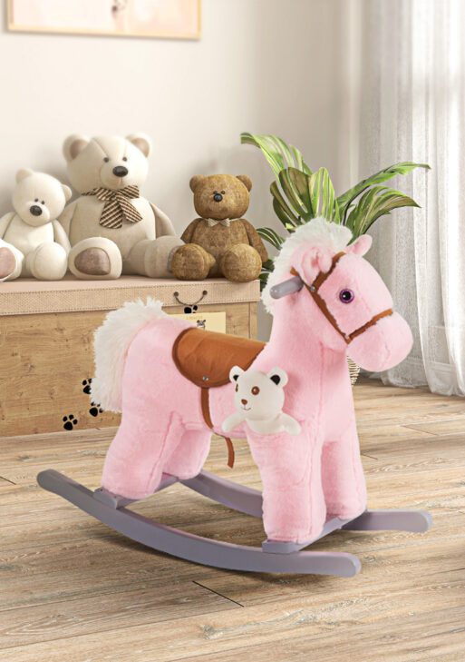 Kids Plush Ride-On Rocking Horse with Bear Toy, Children Chair with Soft Plush Toy & Fun Realistic Sounds, Pink