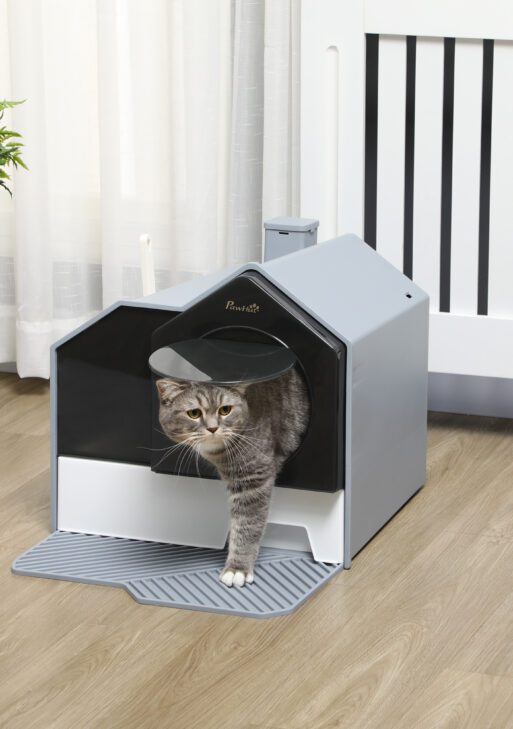 Hooded Cat Litter Box w/ Litter Mat, Litter Particle Catching, Gray