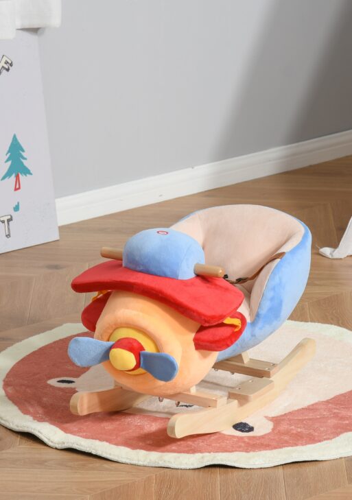 Kids Rocking Horse, Wooden Plush Ride-on Plane Chair Toy with Lullby Song and Seat Belt for 18 Month +