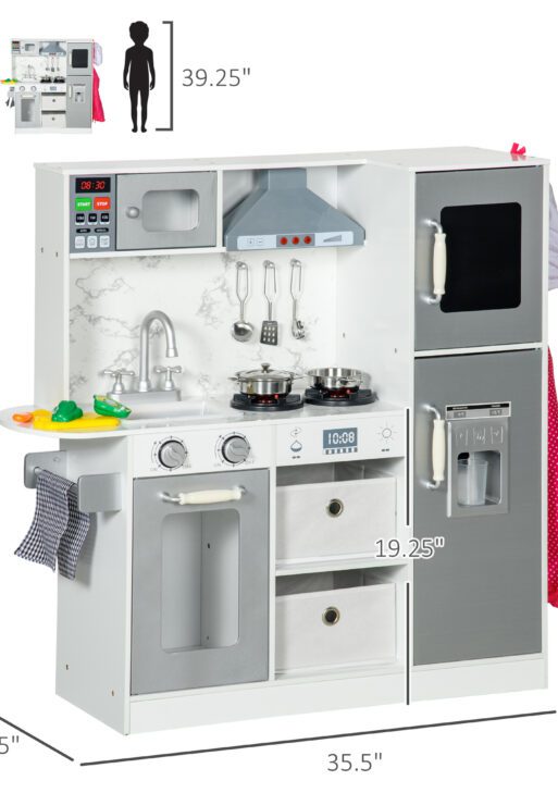 Play Kitchen Set for Kids W/ Lights Sounds, Apron and Chef Hat, White