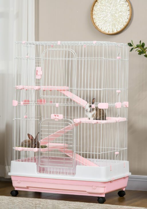 32"L 4-Level Small Animal Cage Rabbit Hutch with Wheels, Slide-out Tray for Bunny, Chinchillas, Ferret, Pink