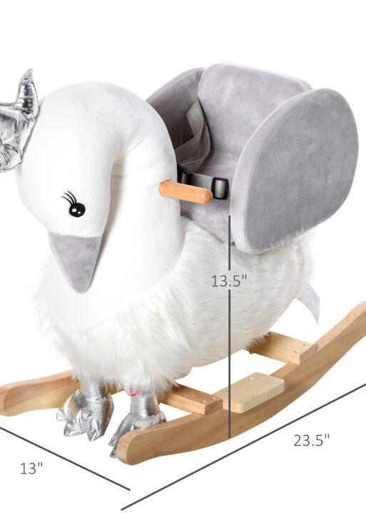 Kids Ride on Horse Swan Rocker with Sound, Plush Seat, Wooden Base, Safety Belt for Toddlers 18-36 Months, White