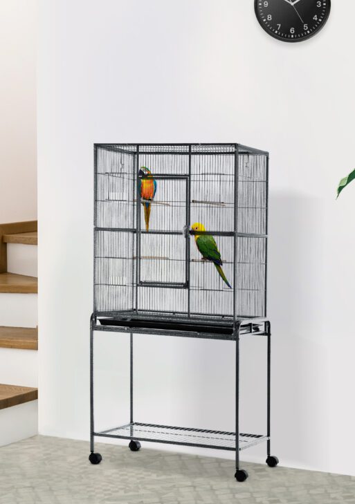 30" Rolling Metal Bird Cage Feeder with Detachable Rolling Stand, Storage Shelf, Wood Perch & Food Container