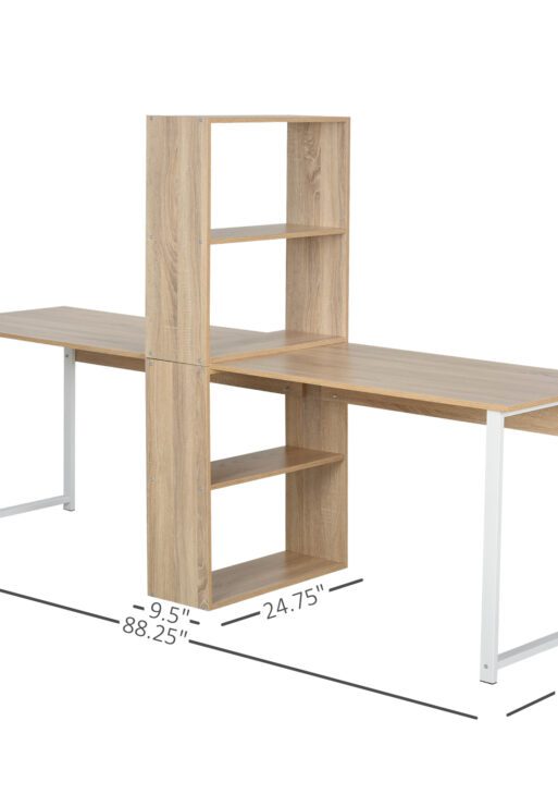 88" Extra Long 2-Person Computer Desk with Storage Shelves Combo, Double Workstation Storage Study Writing Table for Home Office, Bookshelf, Natural Wood Color