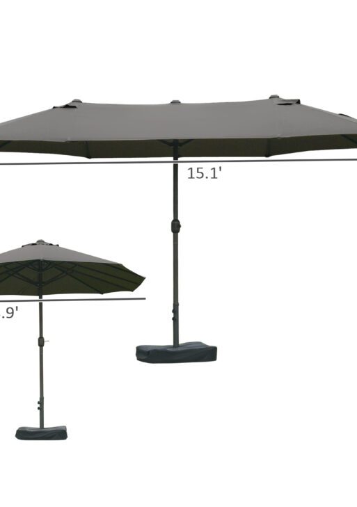 Patio Umbrella 15' Steel Rectangular Outdoor Double Sided Market with base, UV Sun Protection & Easy Crank for Deck Pool Patio Dark Gray
