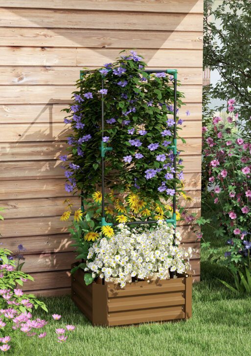 Galvanized Planter Box, 24" x 24" x 55" Raised Garden Bed with Tomato Cage for Climbing Vines, Brown