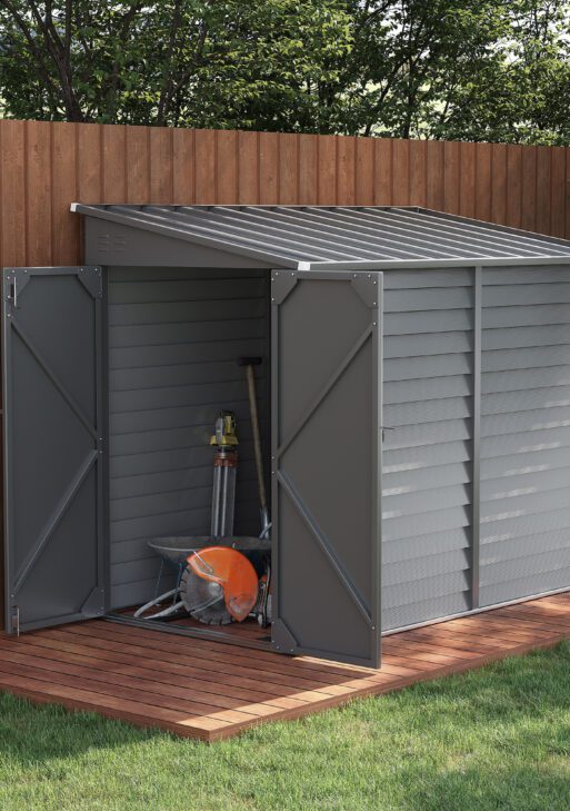 4.6' x 9' Outdoor Storage Shed, Lean to Metal Shed with Foundation Kit, Lockable Doors and Gloves for Patio, Lawn, Gray