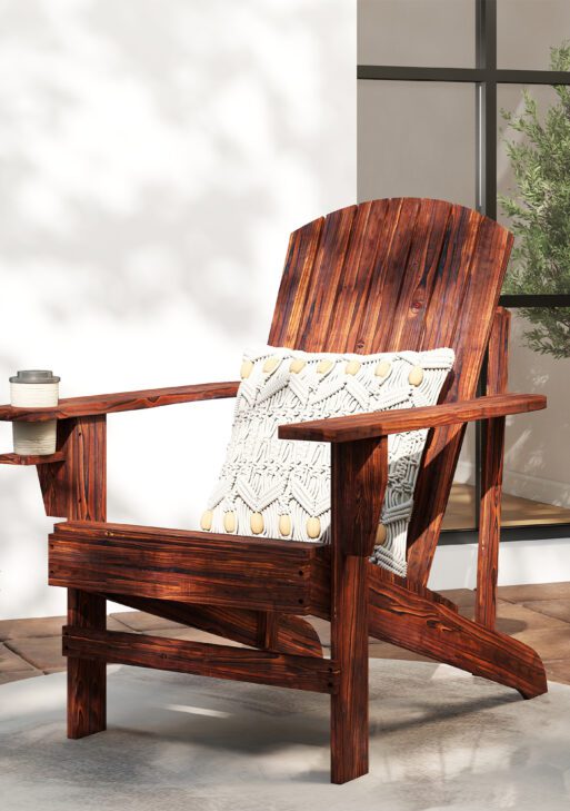Oversized Adirondack Chair, Outdoor Fire Pit and Porch Seating, Classic Log Lounge w/ Built-in Cupholder, Brown