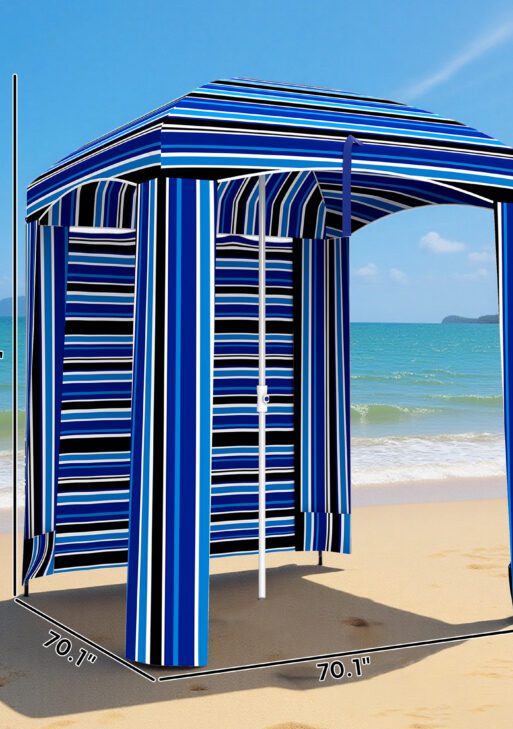 5.8' x 5.8' Cabana Umbrella with Walls, Vents, Ruffles, Carry Bag, Beach Umbrella, Blue Stripe