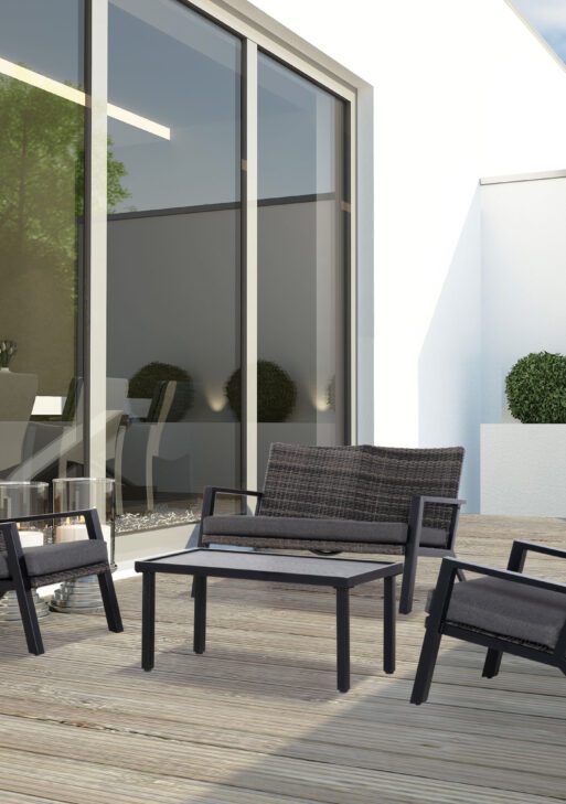 4 Piece Patio Furniture Set, 2 PE Wicker Chairs, Loveseat Sofa, Outdoor Coffee Table, Soft Cushions, Couch & Armchairs for Backyard, Garden, Black
