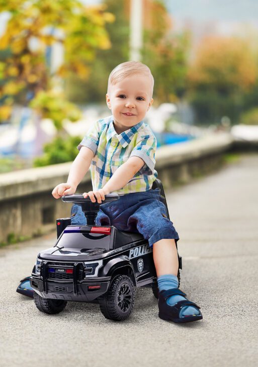 Kids Push Ride On Car with Working PA System and Horn, Police Truck Style Foot-to-Floor Sliding Car for Boys and Girls with Under-Seat Storage, for 18 Months to 5 Years Old, Black