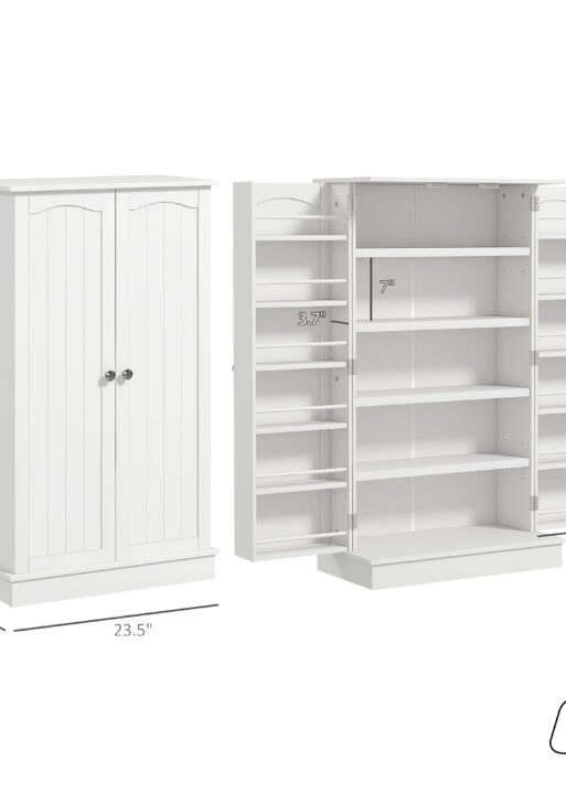 Freestanding Kitchen Pantry Cabinet, Kitchen Sideboard Cabinet with 12 Door Shelves, Double Doors, 5-tier Shelving, Paper White