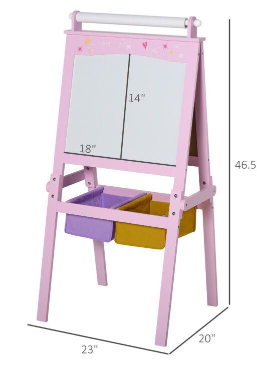 Qaba 3 In 1 Kids Wooden Art Easel with Paper Roll, Double-Sided, Chalkboard & Whiteboard, Storage Baskets, Pink