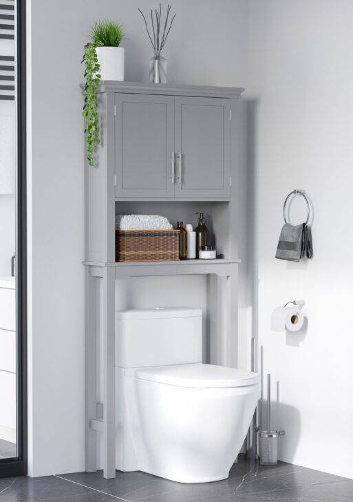 Modern Over The Toilet Storage Cabinet, Double Door Bathroom Organizer with Inner Adjustable Shelf and Open Shelf, Gray