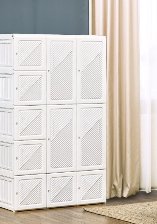 Portable Wardrobe Closet, Folding Clothes Storage Organizer with 8 Cube Compartments, 2 Hanging Rods, 11 Magnet Doors, White