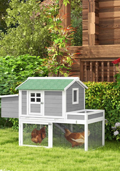 Wooden Chicken Coop for Outdoor Backyard with Raised Garden Bed, Run Area, Nesting Box Removable Tray, Gray