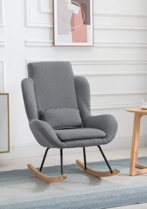 Modern Rocking Chair with Removable Lumbar Pillow Fabric Sofa Armchair with Thick Padding, Metal Frame, Wood Base for Living Room, Light Gray