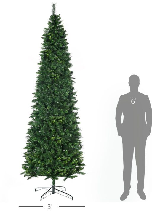 9' Artificial Pencil Christmas Trees, with Auto Open, Steel Base, Pine Needles, for Home Xmas Decoration