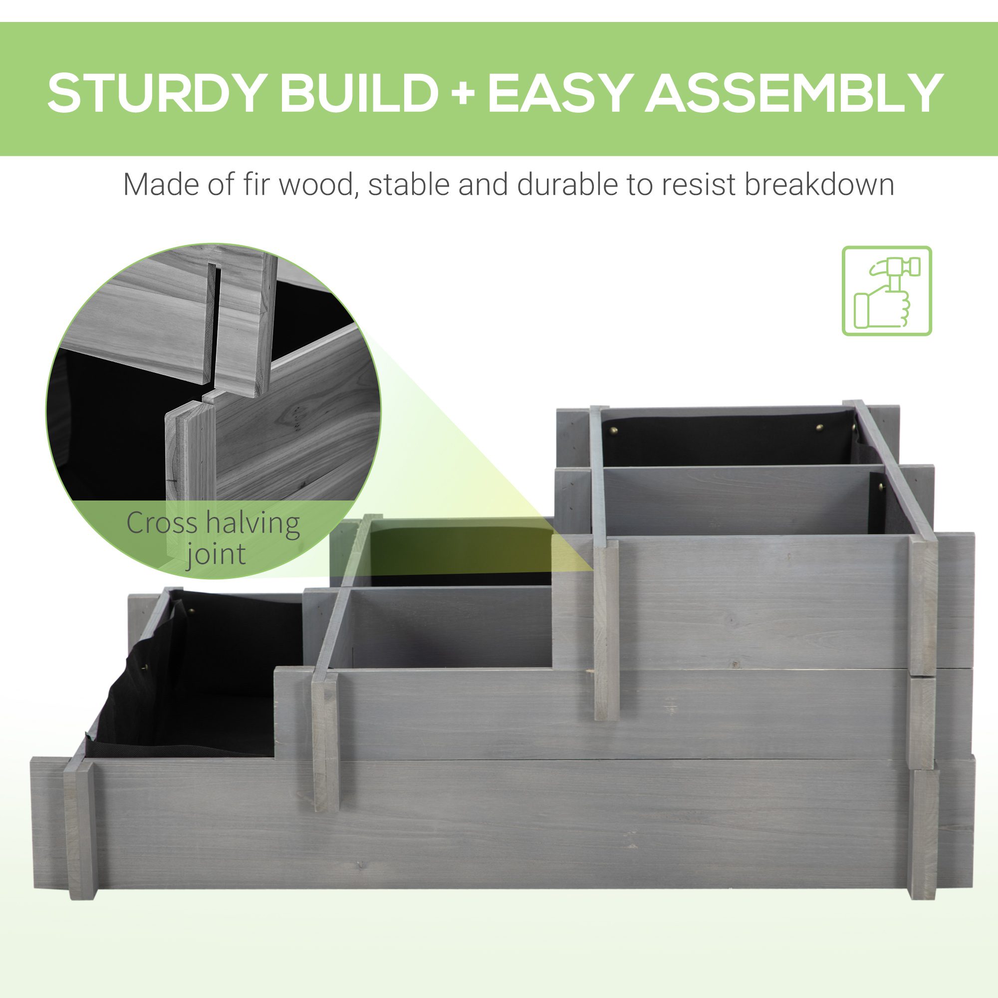 3 Tier Raised Garden Bed, Water Draining Fabric for Soil, Elevated Wood Flower Box for Vegetables, Herbs, Gray - Image 4