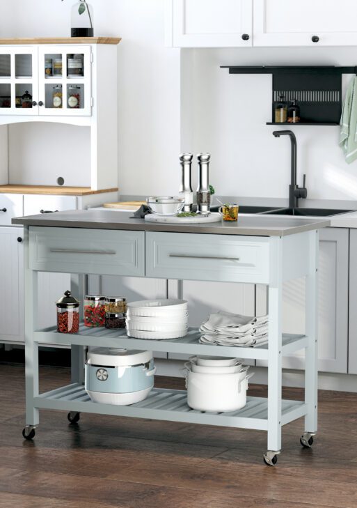 Kitchen Island with Stainless Steel Top, Traditional Kitchen Island with Storage, Butcher Block Cart 2-Tier Open Shelves, Drawers, Light Gray