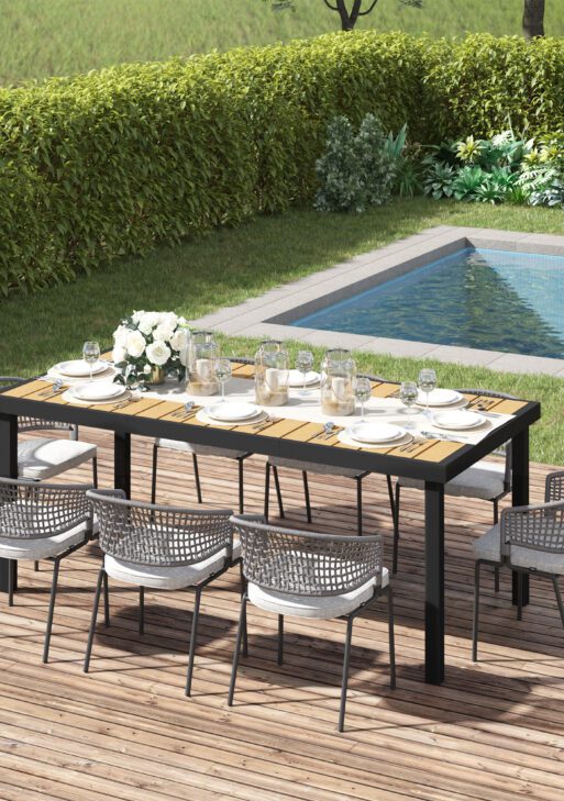 75" x 35" Outdoor Dining Table for 8 People, Rectangular Aluminum Frame Garden Table with All-Weather Faux Wood Top for Garden, Lawn, Patio, Natural